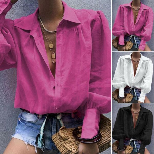 

women's blouses & shirts 2021 summer loose casual solid lantern long sleeve turndown collar blouse, White