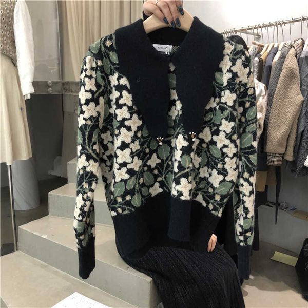 

women's sweaters spring autumn women pullovers korean style retro pearl beaded peter pan collar flower jacquard knitting ladies ju, White;black