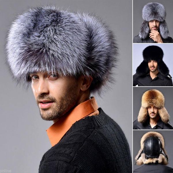 

berets outdoor hunting skiing faux fur winter trapper hat men's russian with ear flaps bomber, Blue;gray