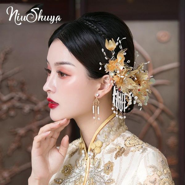 

hair clips & barrettes niushuya luxury retro chinese bridal headdress ancient gold clear flower hairpins beaded tassel wedding jewelry acces, Golden;silver