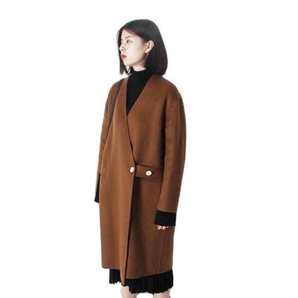 

women's wool & blends chic ven autumn and winter simple belt v-neck double-sided overcoat medium female womens coats, Black