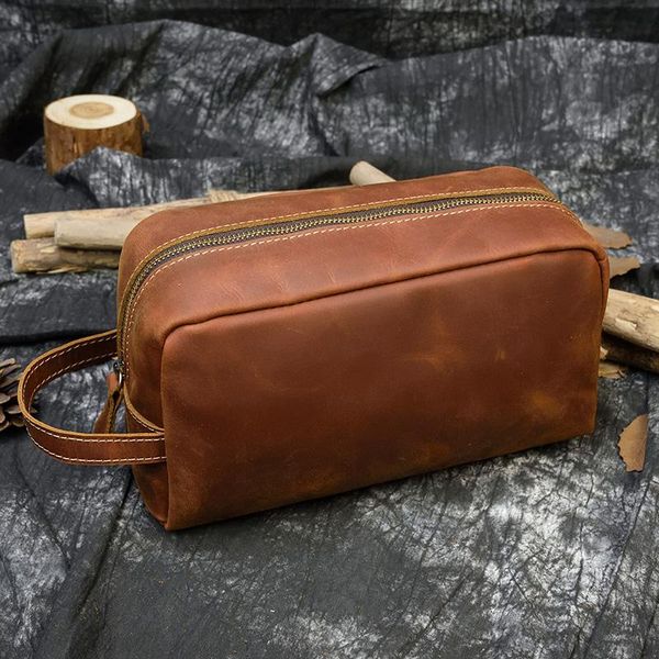 

wallets maheu leather toiletry kits genuine storage bag real cowskin hand purse make up washing with wrist band men women, Red;black