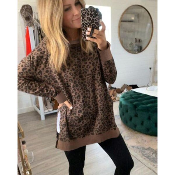 

women pullovers leopard print hoodies jumper sweatshirt fall lady o-neck irregular hem hoody shirts 2021 sudadera mujer, Black