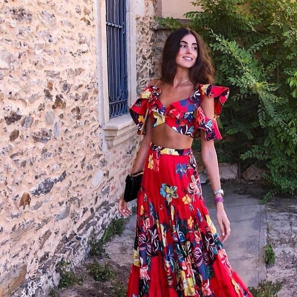 

summer 2 piece sets women floral skirts suits cropped maxi dress long pleated skirts bohemian boho clothing woman suit, Gray