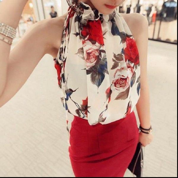 

floral chiffon blouses women 2021 summer sleeveless ruffles collar white shirt female ol blusas feminino blouse