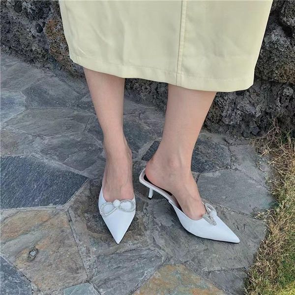 

slippers elegant women sandals pointed toe rhinestone bow design shallow slip on mules shoes fashion dress high heels pumps, Black