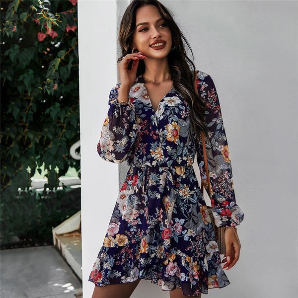 

spring new print casual full sleeve lace up high waist floral for women 2021 summer chiffon rcvy, Black;gray