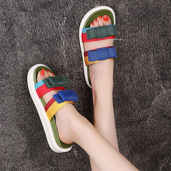 

slippers 2021 summer fashion wild women's outdoor bow color matching simple and cute daily beach shopping shoes u24-67, Black