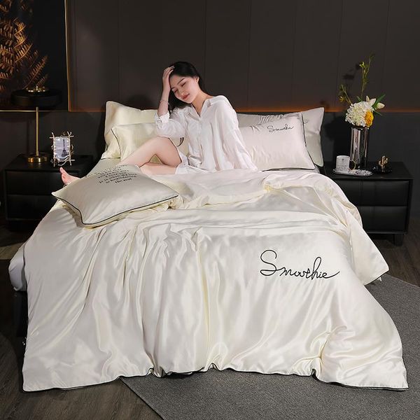 

2021 summer comforter/quilt set smooth beige washed silk-like blanket flat/fitted sheet letter embroidered home bedding textile