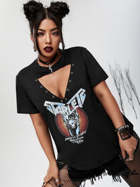

plus letter and leopard print cut out tee b1z1#, Black