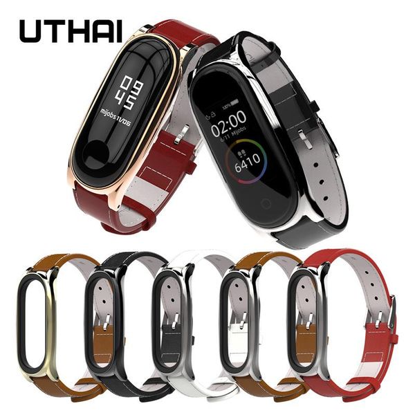 

watch bands leather wristband for mi band 5 watchband applicable to 4 strap 3 universal calfskin uthai p84, Black;brown