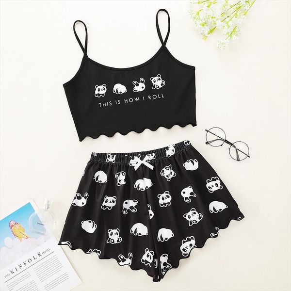 

kawaii panda patten print pamajas womens sleepwears set 2pics, Black;red