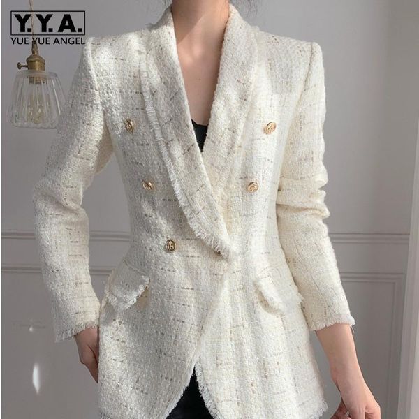 

women's suits & blazers fashion streetwear women tweed suit jackets elegant office slim white double breasted blazer spring autumn long, White;black
