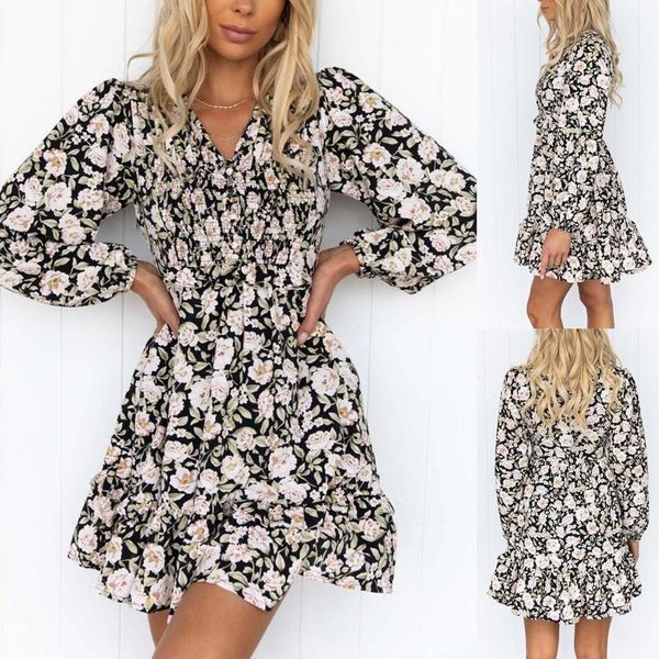 

casual dresses bohemian floral elegant dress women printe temperament v-neck lantern sleeve party fashion fall a line mini, Black;gray