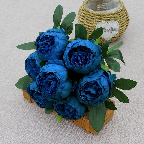 Flores decorativas grinaldas 7 cabeças artificiais peônia buquês arranjo de casamento, azul vermelho branco peônias flor flor mesa mesa deco