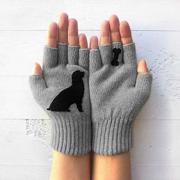 

five fingers gloves for women woolen autumn winter outdoor warm cold protection padded cat printed cnt 66, Blue;gray