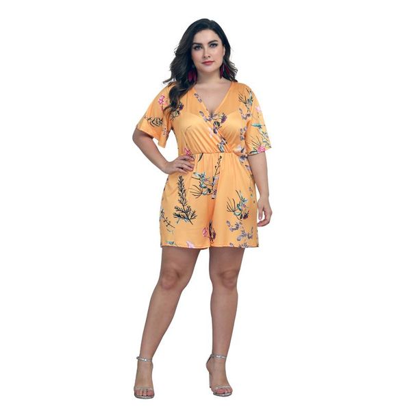 

2021 europe and the united states large size women's deep v printing short-sleeved waist casual siamese shorts, Black;white