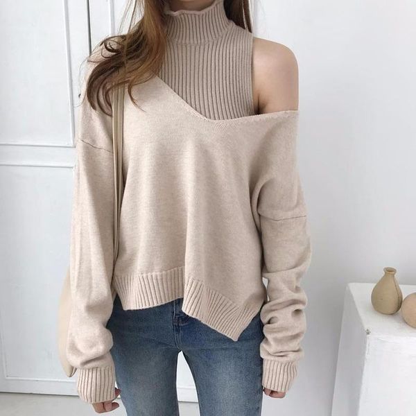 

two-piece straight half-high collar bottoming sweater female commuter v-neck loose long sleeve sweater women sets spring, Gray