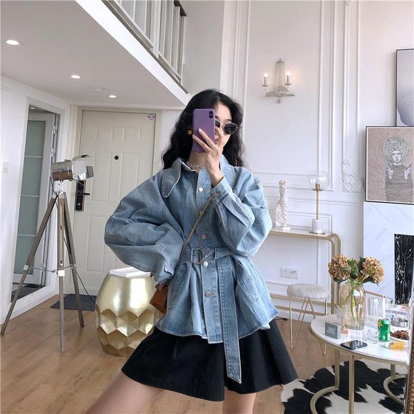 

women's jackets autumn 2021 women vintage washed denim jacket with waist belt chic turn-down collar jeans loose casual ropa de mujer, Black;brown