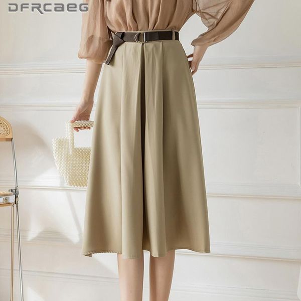 

skirts korean style summer woman pleated skirt with belt 2021 high waist loose casual khaki mid-long female, Black