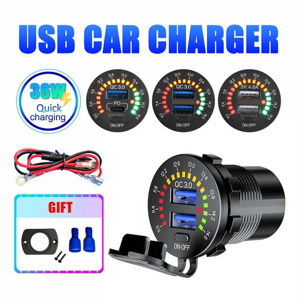 DUAL USB Ladegerät/Schnellladegerät/PD Typ C Steckdose Schnellladung mit LED Voltmeter für 12V 24V Auto Boot LKW Motorrad Auto