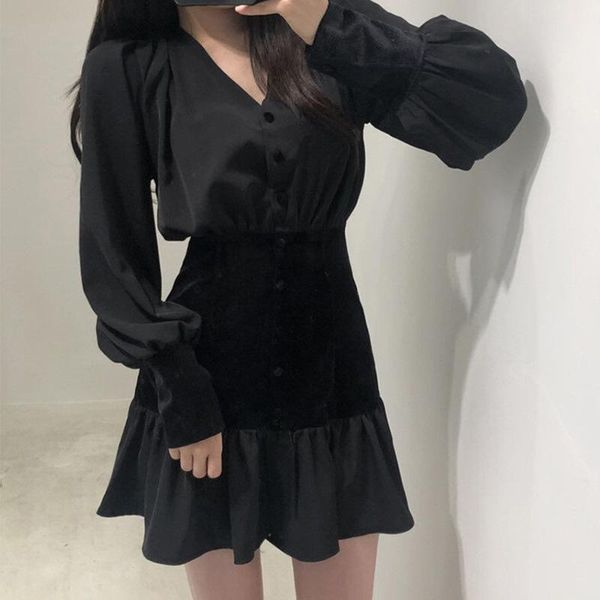 

casual dresses elegant vintage gothic dress women ruffle spring black grunge punk aesthetic long sleeve pleated button patchwork, Black;gray