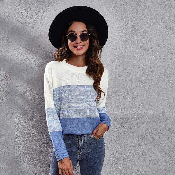 

european american new women's knits & tees gradient color blue striped matching long sleeve knitted sweater loose autumn winter clothin, White
