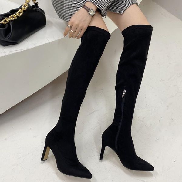

boots big size women stretch 2021 over the knee corduroy female pointed toe thin heels shoes fashion ladies, Black