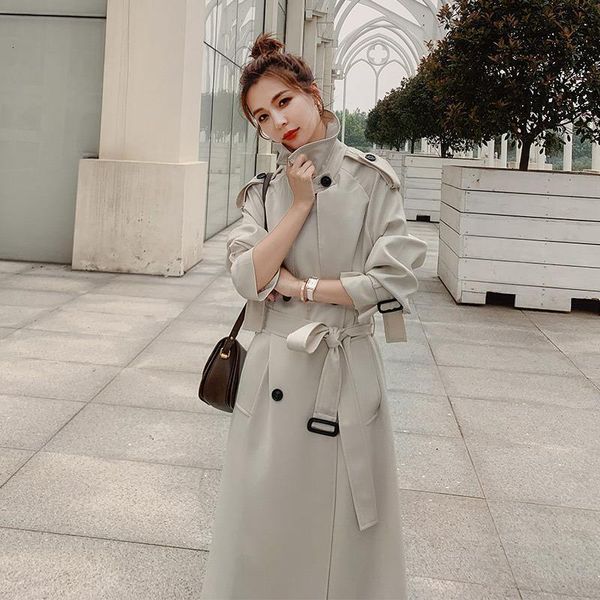 

2021 new temperament popular windbreaker women's long over the knee spring autumn female trench coat with belt y590 i3af, Tan;black