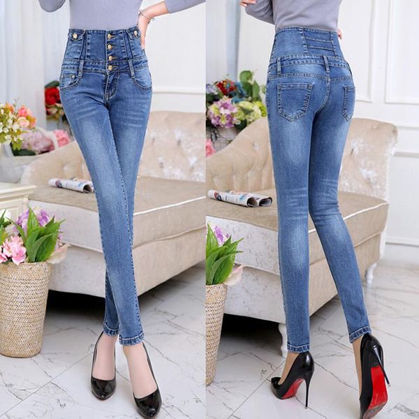 

women's jeans women high waist denim trousers full length skinny pants for female plus size ladies buttons slim pencil, Blue