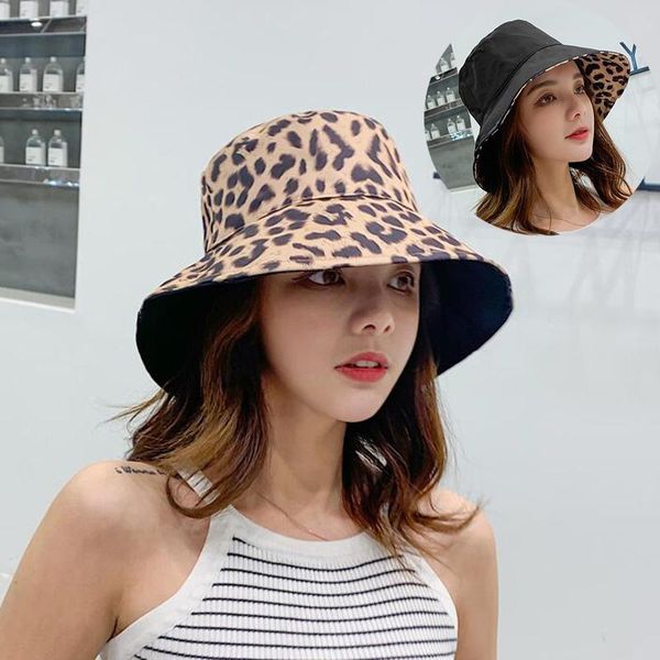

wide brim hats fashion leopard black bucket hat women two side wear fisherman summer ladies panama sun cap, Blue;gray