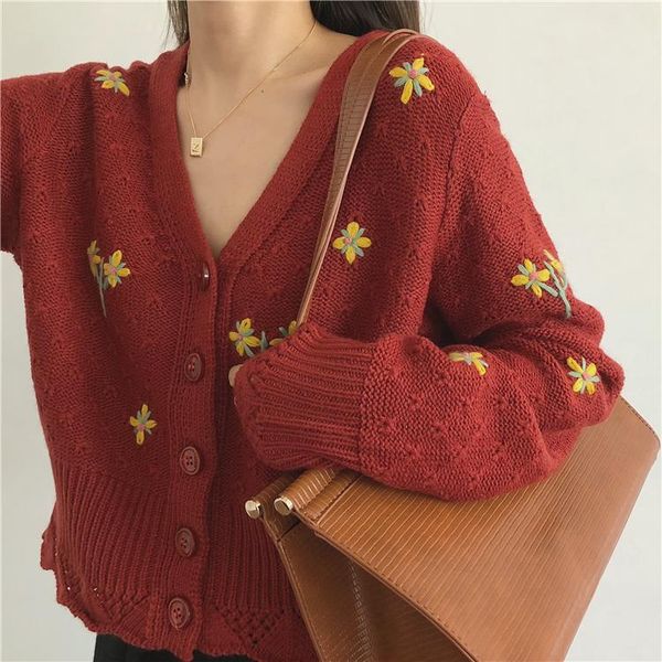 

women's knits & tees women vintage knit cardigan with embroidery long sleeves v-neck floral print female cropped sweater, White