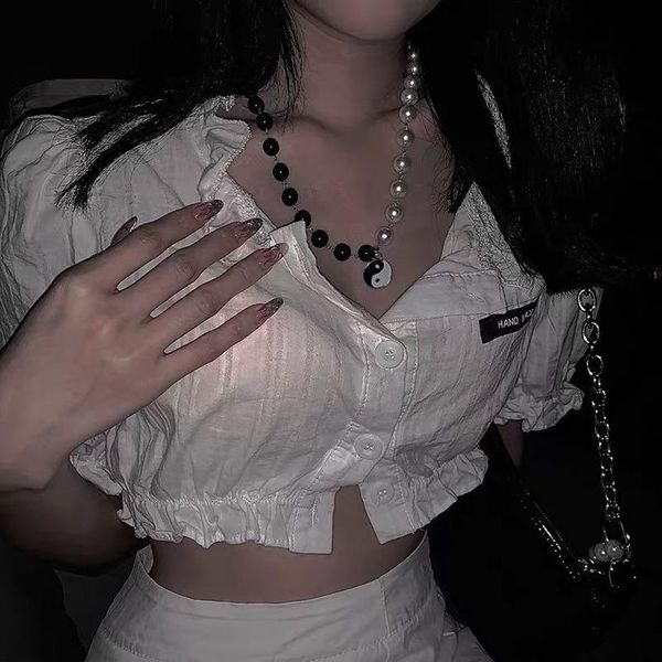 

fashion black white beads choker necklace women men tai chi pendant necklace couple valentine's gifts punk girlfriend necklaces, Golden;silver