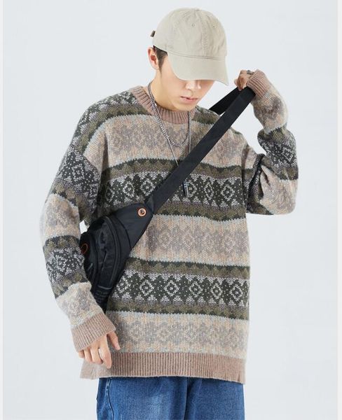 

2022 new autumn winter mens sweater japan style printed retro knitted streetwear pullover warm loose round neck vintage men sweaters fashion, White;black