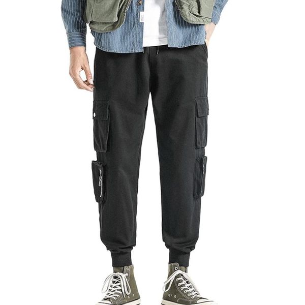 

casual pants men's new fashion casual straight overalls pocket trousers drawstring pants summer black for boys 2021