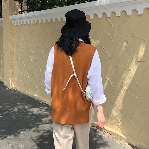 

women's vests 2021 vintage autumn winter sleeveless knitted vest sweaters women knit waistcoat v neck casual solid pullover gilet femm, Black;white