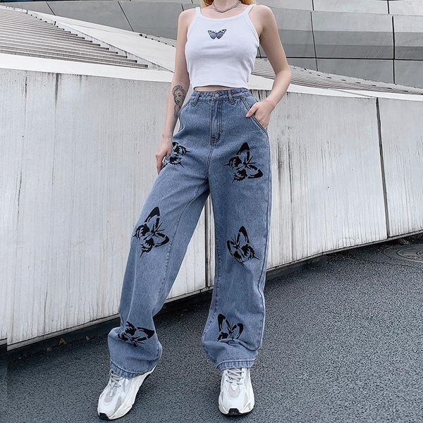 

women's jeans y2k 2021 summer vintage woman long trousers cowboy female loose streetwear butterfly print pants, Blue