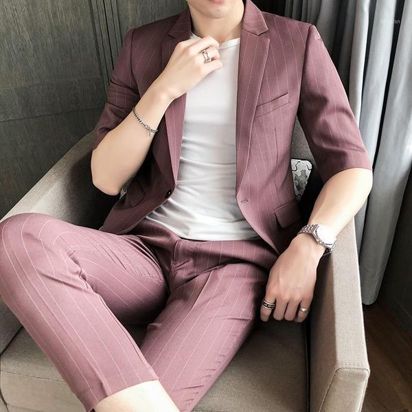 

men's suits & blazers 2021 mens with pants stripe blazer slim fit wedding male groom tuxedos suit prom (jacket+pants) two pieces sets, White;black