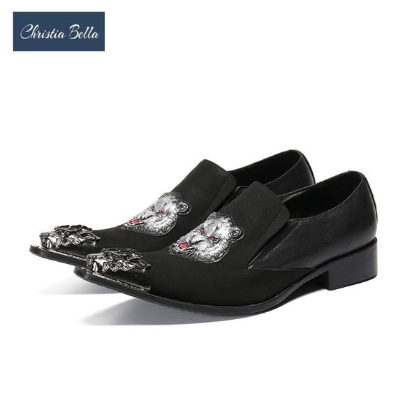 

dress shoes fashion suede patchwork genuine leather man metal pointed toe business men formal slip on, Black