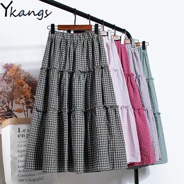 

2021 elastic high waist plaid skirtwomen korean fashion kawaii pleated purple lattice stitching elegant gentle midi long skirt b3hu, Black