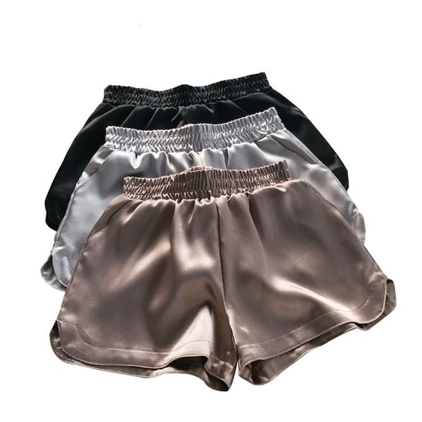 

summer casual women bottoms satin shorts faux silk shiny glitter wide leg short trouser mid waisted 914-a079 210621, White;black