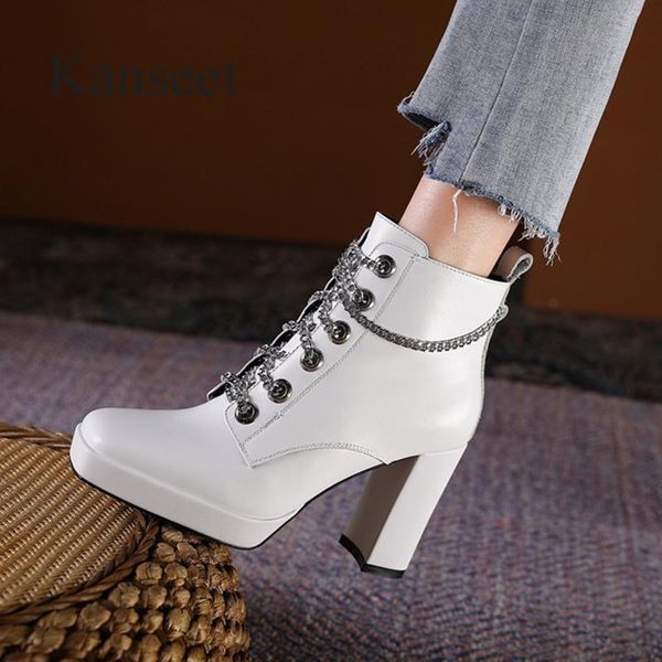 

boots kanseet women's ankle 2021 winter square toe chain decoration genuine leather thick high heels short for lady, Black