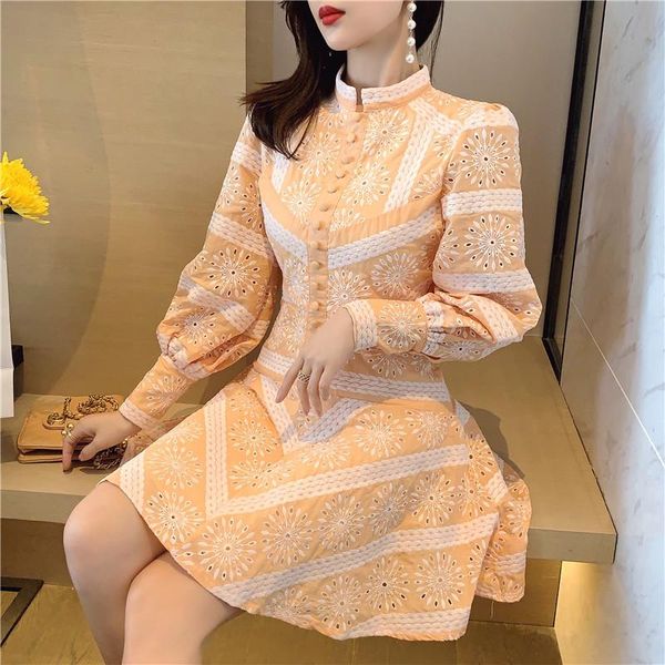 

casual dresses jsxdhk luxury designer women lantern sleeve dress autumn winter single breasted floral embroidery hollow out party, Black;gray