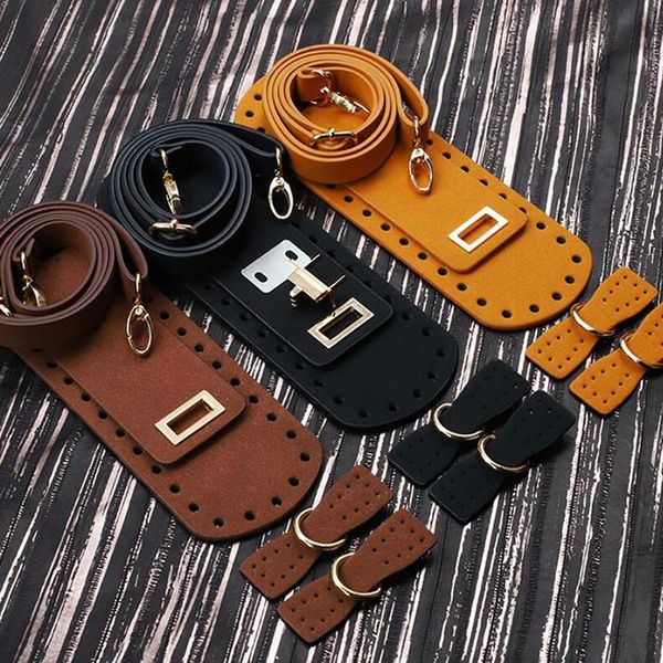 

bag parts & accessories 7pcs set shoulder strap handmade handbag leather bottoms cover with hardware for diy, Black