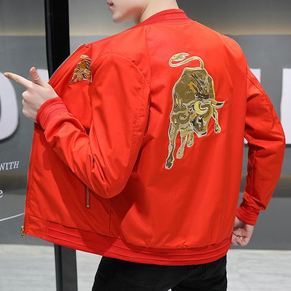 

jackets 2021 men's spring and autumn leisure trend embroidered taurus youth year of the ox et windbreaker, Black;brown