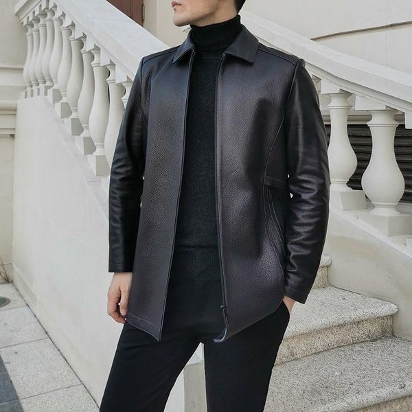 

men's leather & faux brand alliance has its own factory garment business long clothing in the minimalist deerskin texture, Black