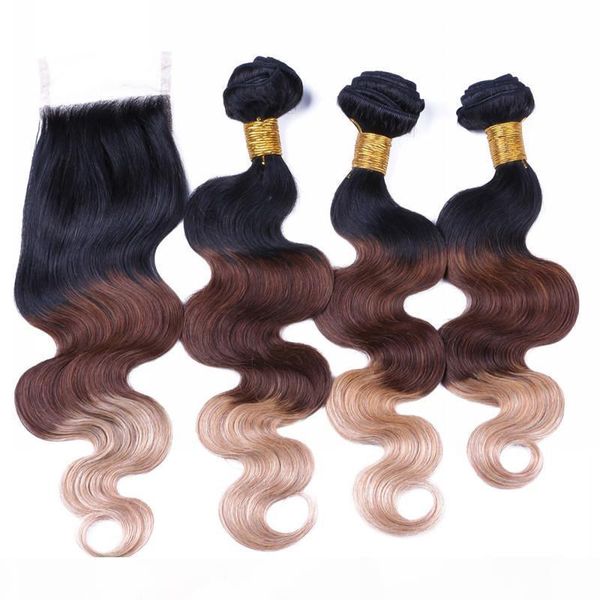 

body wave 1b 4 27 honey blonde ombre 4x4 lace closure with weaves dark root 3tone color virgin brazilian hair 3bundles with closure, Black;brown