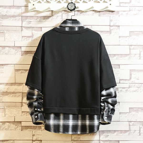 

mens fashion casual patchwork plaid hoodies sweatshirts hip hop punk streetwear casual pullover loose male pullover streetweara1, Black