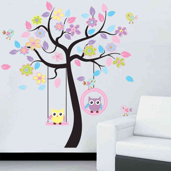 FAI DA TE Gufo Uccello Albero Wall Sticker Home Decor Camera per bambini Soggiorno Decalcomanie Bambini Baby Nursery Sfondi decorativi adesivi 211112