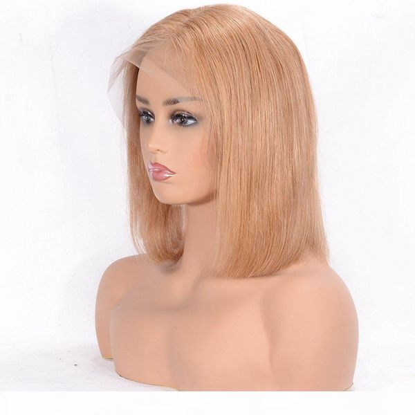 

honey blonde human hair bob wigs full lace wig virgin european short straight bob human hair lace front wig with baby hair #27, Black;brown